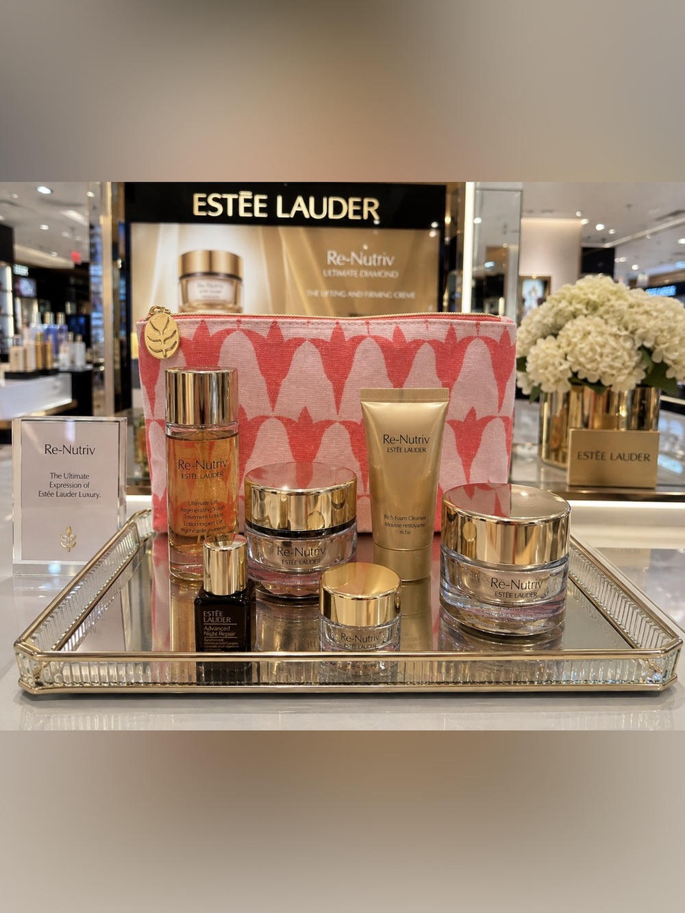 Estée Lauder Re-Nutriv Eye Cream 6 piece Set with Pink and Coral Cosmetic Bag😍😍